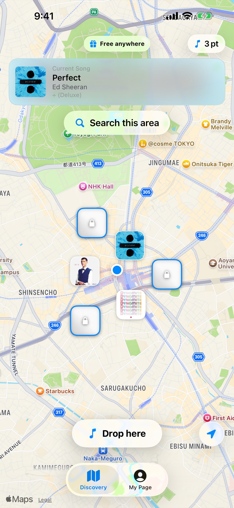 A map with nearby Drops floating on it